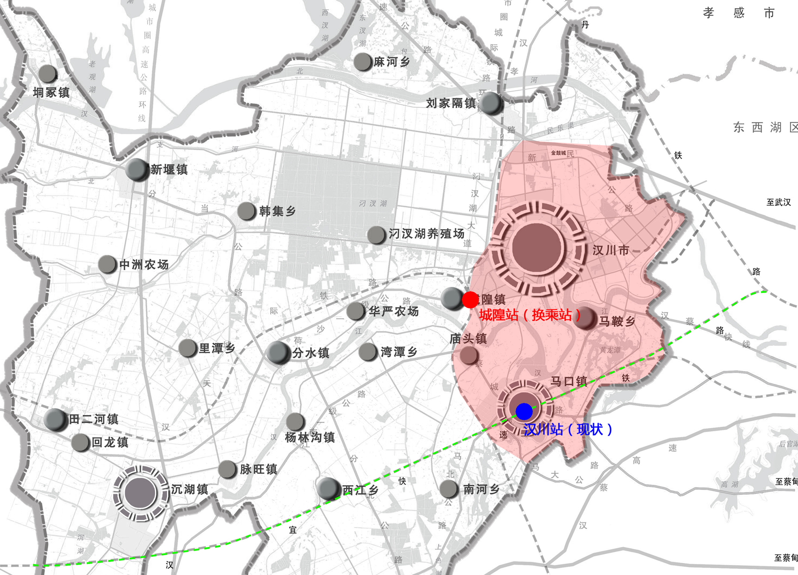 上图展示了 汉川市域内现有客运铁路的现状,即汉宜高铁在马口镇设置