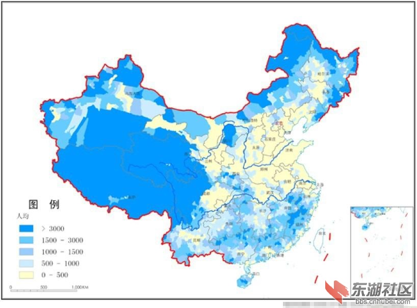 全国人均水资源分布图