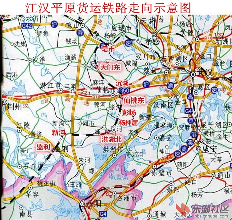 江汉平原货运铁路天门仙桃洪湖监利走向示意图