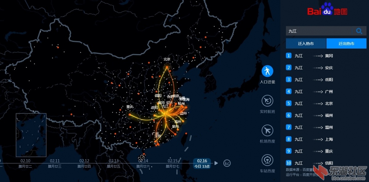 全国春运迁徙地图显示:岳阳-九江往来较多