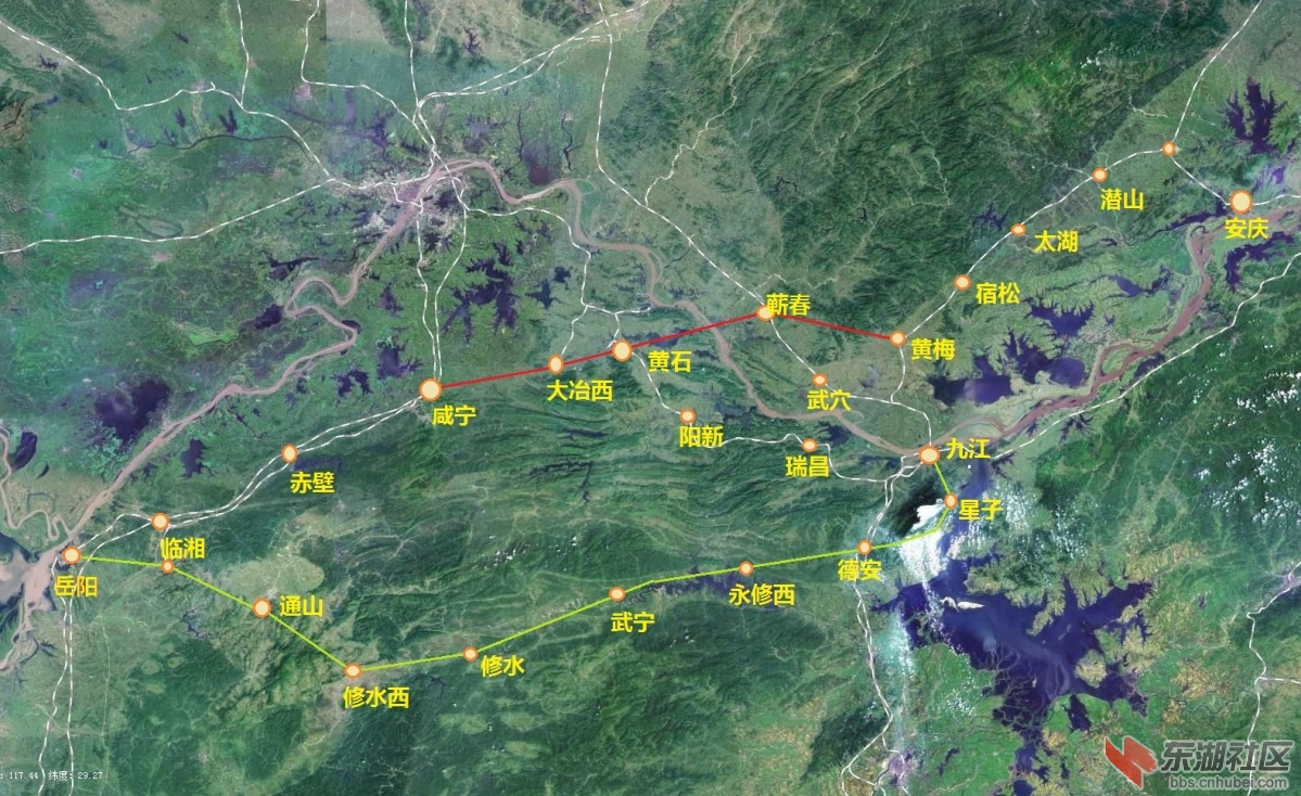 咸黄安城铁路与岳九铁路的线路对比图