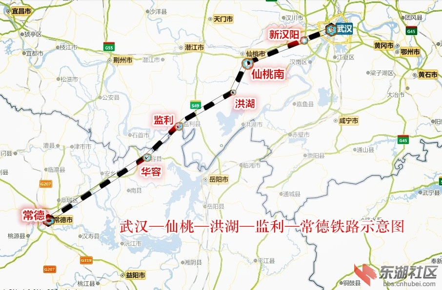 武汉—仙桃—洪湖—监利—常德铁路走向示意图