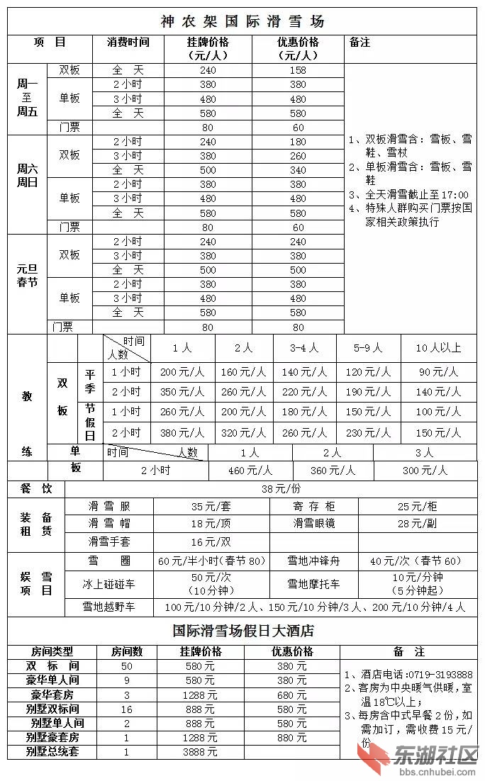 2016 神农架滑雪标价