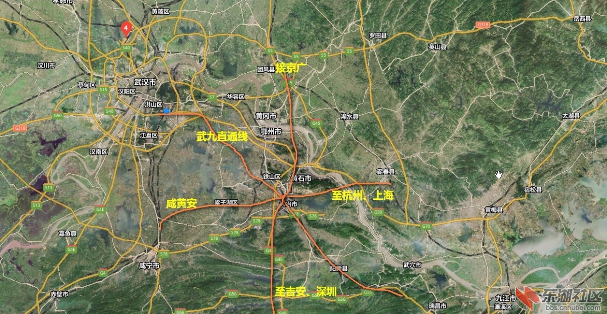 西福沿線三個地級市,鄂州黃州黃石全都給跨過去了.