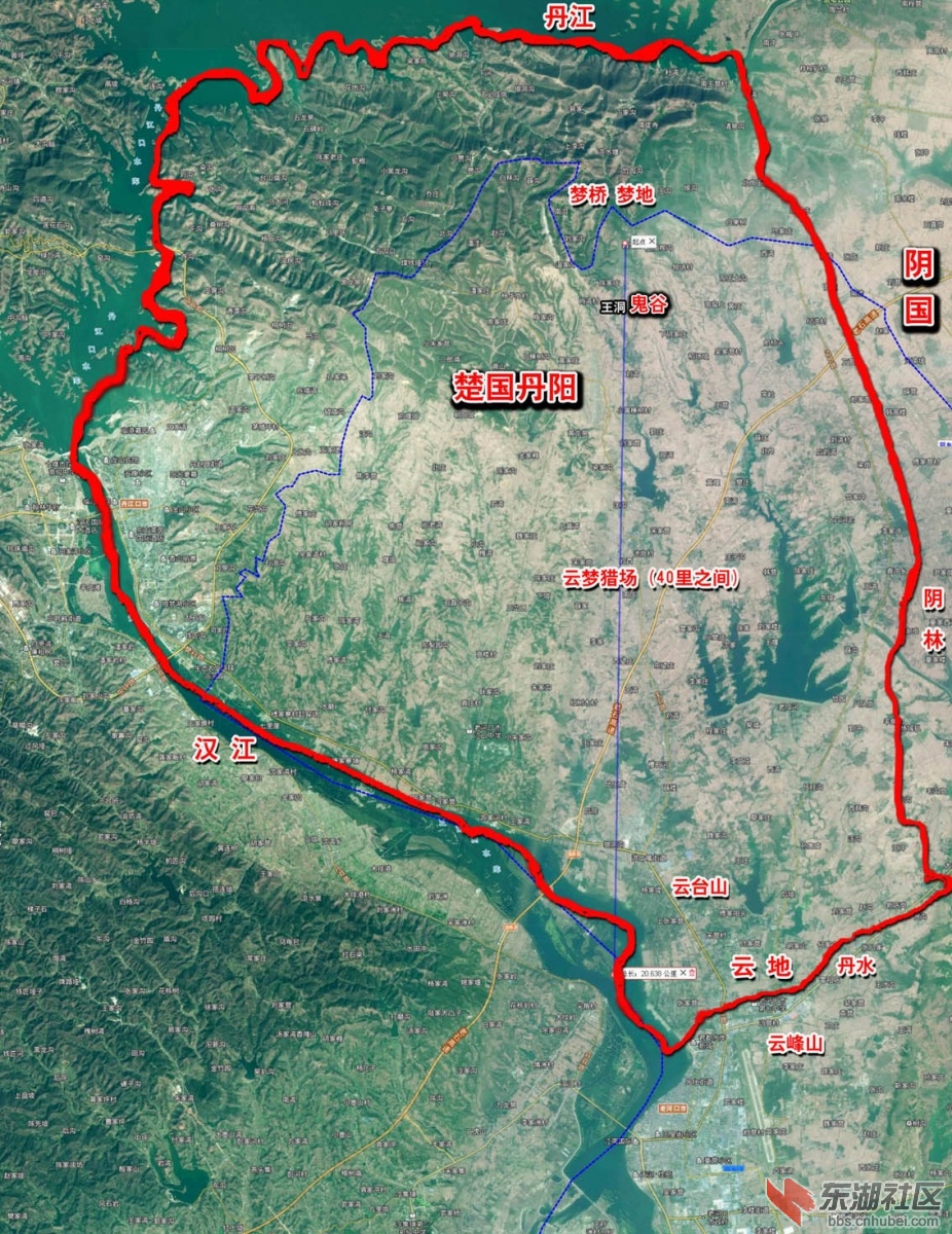 老河口鬼谷王洞與陰林五十里楚國丹陽雲夢地望關係衛星圖