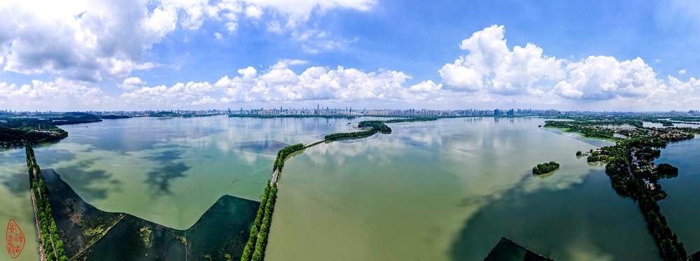 东湖湖中道、郊野道：绿道弯弯湖里穿，楚天湖阔玉桥连。白云追我留云影，渐上磨山挹翠.jpg