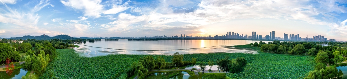 东湖卵石滩夕照：青荷一带绕湖湾，日暮骑行尽趁闲。临水柳林南望处，磨山恰在水云间。.jpg